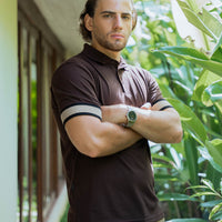 Model wearing an LCY Polo, with contrast ribbed and cuffs